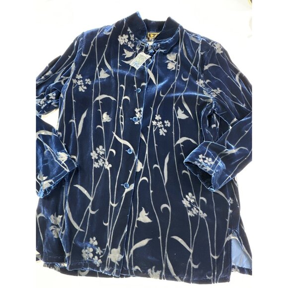 Vintage QVC Yi Lin Womens Small Navy Blue Velvet Brocade Burnout Flower Top NEW - Picture 1 of 7